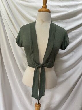 Michael Stars Green Shimmer Tie Front Crop Shrug Top OS ~